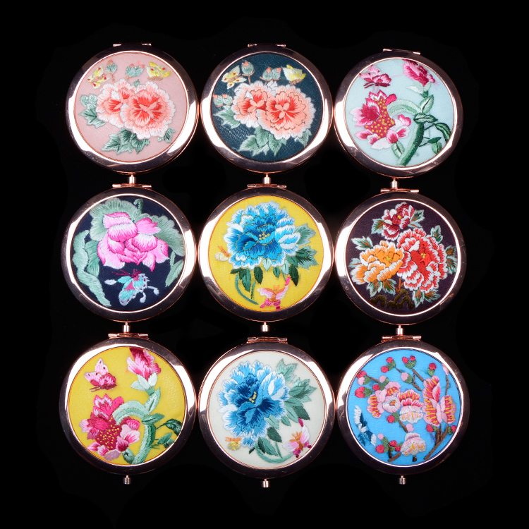 宿松化妆随身镜精品出国送礼刺绣中国风古风摄影 手绣镜子